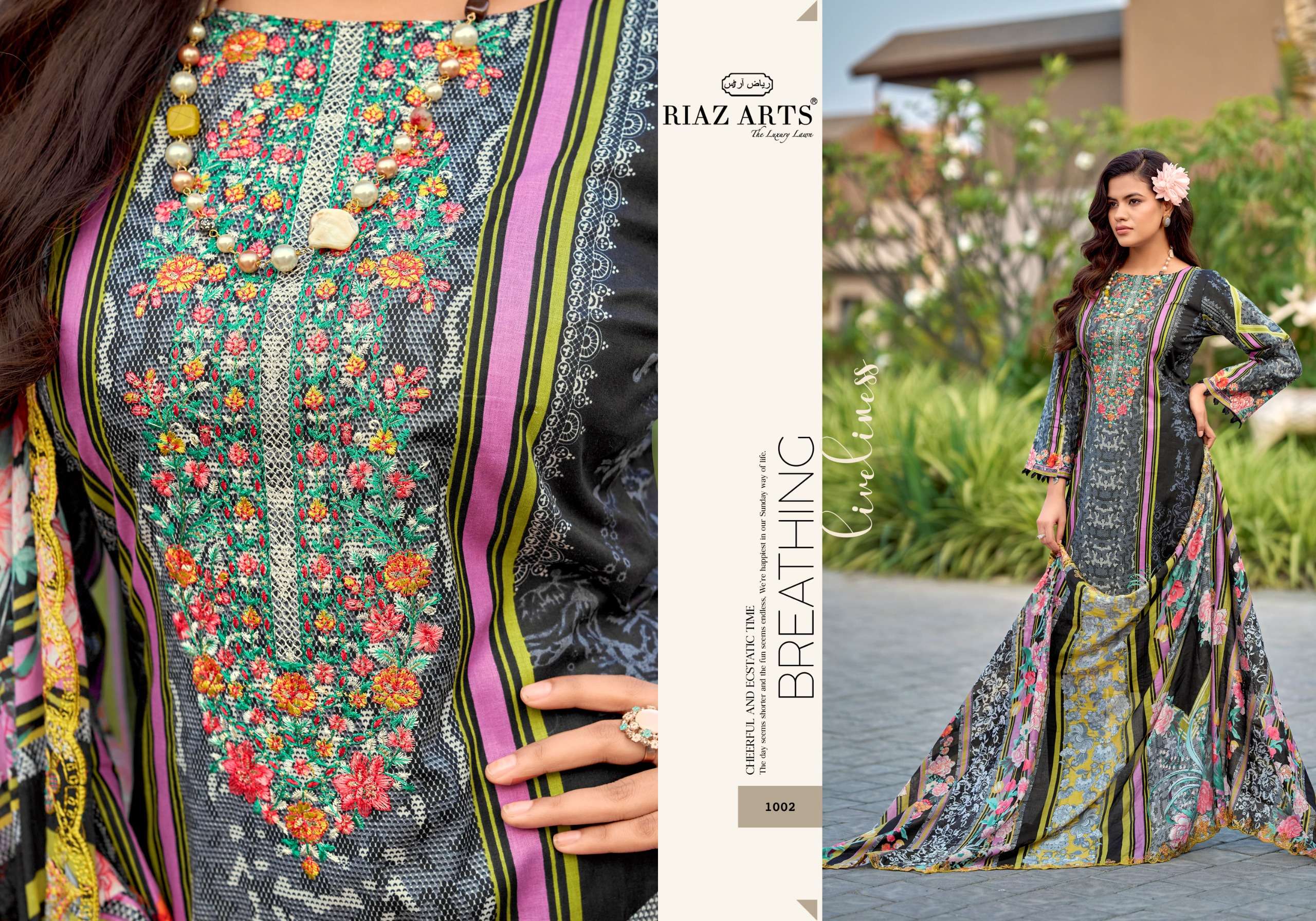 RIAZ ARTS HUMDUM TOP & DUP WORK LAWN COTTON DESIGNER PAKISTANI STYLE SUIT TEXTILE MARKET 